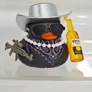 Novelty Black Rubber Duck with Silver Hat and Sunglasses with gun and Corona